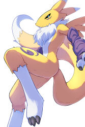 black_sclera blue_eyes body_fur colored_sclera digimon furry grey_background highres kitsune looking_at_viewer renamon rumine_(yoshi1234567) simple_background solo yellow_fur
