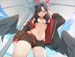 Rule 34 | 1girl, awun, bare shoulders, bikini, black bikini, black hair, black shorts, black wings, blue archive, blush, breasts, closed eyes, eyewear on head, grin, hair behind ear, halo, highres, ichika (blue archive), ichika (swimsuit) (blue archive), looking at viewer, navel, official alternate costume, open clothes, open shorts, red halo, shorts, smile, solo, stomach, sunglasses, swimsuit, wings