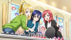 3girls :d arched_back ayase_eli black_coat blonde_hair blue_eyes blue_hair blue_jacket blue_pants blush ceiling ceiling_light closed_mouth coat collared_shirt compact_(cosmetics) cosmetics cowboy_shot dutch_angle from_behind from_below green_shirt hair_between_eyes hand_on_own_chin hand_up holding holding_lipstick_tube indoors jacket lipstick_tube long_hair long_sleeves looking_at_another looking_at_object looking_down looking_to_the_side love_live! love_live!_school_idol_project makeup_brush medium_hair mirror multiple_girls nail_polish_bottle nesoberi nishikino_maki official_art open_clothes open_coat open_jacket open_mouth pants pointing ponytail puchiguru_love_live! purple_eyes raised_inner_eyebrows red_hair scrunchie shirt shop shopping smile sonoda_umi teeth upper_teeth_only white_scrunchie white_shirt yellow_eyes