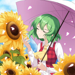 Rule 34 | 1girl, absurdres, ascot, blue sky, buttons, closed eyes, cloud, commentary request, field, flower, flower field, green hair, hand up, highres, holding, holding umbrella, kazami yuuka, long sleeves, medium hair, pink petals, pink umbrella, plaid clothes, plaid vest, red vest, shiguang wuxia, shirt, sky, smile, solo, split mouth, sunflower, touhou, umbrella, unmoving pattern, upper body, vest, white shirt, yellow ascot