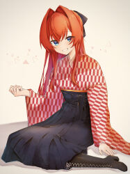 1girl alternate_costume ange_katrina ayuko_ammobium black_boots black_bow blue_eyes blue_skirt boots bow commentary_request dot_nose full_body grey_background grin hair_bow hair_intakes hakama hakama_skirt hand_up high-waist_skirt high_heel_boots high_heels highres japanese_clothes kimono knee_boots lace-up_boots long_hair long_sidelocks long_skirt long_sleeves looking_at_viewer nijisanji print_kimono red_hair red_kimono shadow sidelocks sitting skirt smile solo triangle unmoving_pattern virtual_youtuber wariza yagasuri
