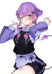 1girl apron barbell_piercing bespectacled black_nails blush braid demon_tail double_bun ear_piercing earrings fingernails floral_print_jacket flower glasses green_eyes hair_bun hands_up highres hololive industrial_piercing jacket jewelry leg_tattoo looking_at_viewer maid maid_apron multicolored_hair multiple_rings nail_polish official_alternate_costume official_alternate_hairstyle one_eye_closed piercing poteto25255 purple_hair ring rose shorts shorts_under_skirt simple_background skirt solo striped_clothes striped_shorts striped_skirt sweatdrop tail tattoo thighs tokoyami_towa tokoyami_towa_(8th_costume) track_jacket twin_braids unconventional_maid white_background