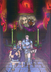 1girl 5boys angry asturlavi beard candle comforting dark-skinned_male dark_skin death delgal_(dungeon_meshi) dungeon dungeon_meshi dwarf elf facial_hair frown full_beard full_body group_picture height_difference highres holding holding_staff laios_touden long_sleeves male_focus marcille_donato multiple_boys muscular muscular_male pointy_ears staff thick_beard thistle_(dungeon_meshi) walking winged_lion_(dungeon_meshi)