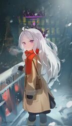 1girl ahoge alternate_costume bag black_gloves black_pantyhose blue_archive blurry boots brown_boots brown_coat coat commentary_request demon_girl demon_horns depth_of_field forehead gloves halak0000 half_updo halo handbag highres hina_(blue_archive) horns knee_boots long_hair long_sleeves looking_at_viewer medium_hair pantyhose parted_bangs pocket purple_eyes red_scarf scarf smile snowing solo wavy_hair white_hair winter_clothes winter_coat
