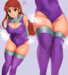 1girl ? ?? breasts cleavage cleavage_cutout close-up clothing_cutout colored_sclera dc_comics eyelashes green_eyes green_sclera highres large_breasts leotard long_hair looking_at_viewer multiple_views orange_hair simple_background skin_tight smile solo starfire steam steaming_body superhero_costume sweat teen_titans thigh_cutout thighhighs yotamono