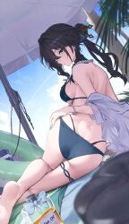 1girl absurdres alternate_costume ass bare_shoulders barefoot bikini black_hair bracelet closed_mouth day from_behind green_bikini green_eyes green_innertube green_nails hair_ornament highres honkai:_star_rail honkai_(series) innertube jewelry long_hair looking_at_viewer looking_back lying nail_polish on_side outdoors parasol ruan_mei_(honkai:_star_rail) sasa_(sasa_ekakiman) shirt soles solo swim_ring swimsuit thigh_strap thighs umbrella white_shirt