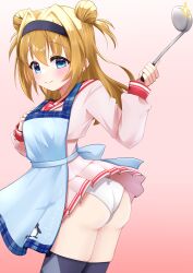 Rule 34 | 1girl, absurdres, apron, ass, back bow, black hairband, black thighhighs, blonde hair, blue apron, blue bow, blue eyes, blush, bow, chitose sana, closed mouth, clothes lift, commentary request, commission, cowboy shot, double bun, eyes visible through hair, from side, gradient background, hair between eyes, hair bun, hair intakes, hairband, hands up, happy, highres, holding, holding ladle, ladle, long hair, long sleeves, looking at viewer, miniskirt, panties, pantyshot, pink background, pink serafuku, pink shirt, pink skirt, plaid apron, plaid clothes, pleated skirt, red sailor collar, sailor collar, school uniform, serafuku, shirt, simple background, skeb commission, skindentation, skirt, skirt lift, smile, solo, sparkle, tareme, tenshinranman, thighhighs, two side up, tyama taka, underwear, wedgie, white panties