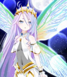 1girl ahoge antenna_hair arm_cuffs bare_shoulders blue_eyes blue_gemstone blue_hair blush breasts brooch butterfly_wings collarbone covered_navel cowboy_shot crown detached_sleeves dress fairy_wings full_moon gem gold_trim gradient_hair green_wings grey_hair hair_between_eyes hair_ornament hair_over_one_eye highres huge_moon insect_wings jewelry light_particles long_bangs long_hair looking_at_viewer looking_to_the_side moon multicolored_hair multiple_wings night night_sky open_mouth parted_lips purple_hair short_sleeves sidelocks skirt sky sleeveless sleeveless_dress small_breasts solo space sparkle standing star_(sky) star_(symbol) starry_sky suzuki-shi tiara very_long_hair vrchat white_dress wings wrist_cuffs zome_(vrchat)