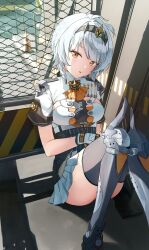 1girl absurdres anby_demara anby_demara_(silver_soldier) ascot black_hairband black_thighhighs braided_sidelocks breasts chain-link_fence day fence gloves hairband highres knees_up looking_at_viewer medium_breasts nasol orange_ascot orange_eyes parted_lips pleated_skirt short_hair shrug_(clothing) sitting skirt solo thighhighs white_gloves white_hair white_shrug zenless_zone_zero