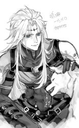 Rule 34 | 1boy, absurdres, blue eyes, calcharo (wuthering waves), closed mouth, commentary request, dog, greyscale, headpat, highres, long hair, looking at animal, male focus, monochrome, poipoi poip, shirt, simple background, smile, solo, spot color, tacet mark (wuthering waves), toned, toned male, twitter username, white background, wuthering waves