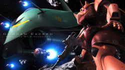 3d artist_name beam_rifle elmeth energy_gun english_text funnels_(gundam) gelgoog gelgoog_s_char_custom glowing glowing_eye gun gundam highres mecha mecha_focus mobile_suit_gundam robot s.hasegawa scope space weapon