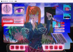 1boy 1girl apple_inc. aqua_eyes aqua_hair bags_under_eyes bar_censor beanie blazer blood blood_on_face bloody_knife blue_jacket blue_sky braid censored checkered_necktie chidouin_sara chromatic_aberration clenched_teeth clock closed_mouth cloud cloudy_sky collared_shirt commentary desktop_(computing) empty_eyes glitch grass green_hat green_necktie hair_between_eyes hand_on_own_cheek hand_on_own_face hat highres hiyori_sou holding holding_knife icon_(computing) jacket kimi_ga_shine knife light_smile liminal_space long_hair looking_ahead looking_at_viewer macintosh multiple_views necktie orange_hair path pleated_skirt ponytail purple_eyes purple_skirt red_scarf road scared scarf school_uniform scribble_censor shirt short_hair single_sidelock skirt sky static sweat symbol-only_commentary teeth text_messaging user_interface window_(computing) yellow_shirt yellowmao0509