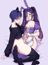 Rule 34 | 1boy, 1girl, absurdres, alternate costume, animal ear hairband, animal ears, apron, aqua eyes, arm behind back, arm support, artist name, assertive female, black bow, black choker, black hood, black sleeves, black thighhighs, blunt ends, blush, bow, breasts, cat ears, cat tail, choker, cleavage, closed mouth, commission, cropped hoodie, crotch, drawstring, earrings, erection, eyeliner, eyeshadow, fake animal ears, genshin impact, gold trim, hair between eyes, hair bow, hairband, half-closed eyes, hand on own chin, hand up, hetero, highres, hood, hood down, hoodie, jewelry, long hair, long sleeves, looking at another, makeup, medium breasts, medium penis, mona (genshin impact), naomi-tyan, open hand, parted bangs, penis, ponytail holder, puffy sleeves, purple background, purple eyes, purple hair, purple hairband, purple sleeves, purple thighhighs, rabbit ears, red eyeliner, red eyeshadow, scaramouche (genshin impact), second-party source, seiza, sex toy, sidelocks, sideways mouth, sitting, sitting on lap, sitting on person, smile, star (symbol), star choker, star earrings, star print, straddling, sweatdrop, tail, thighhighs, tsurime, twintails, twitching, upright straddle, vibrator, vibrator on penis, waist apron, white wrist cuffs, wrist cuffs