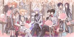 5boys absurdres alkaid_mcgrath alkaid_mcgrath_(godheim) analog_clock ayn_alwyn ayn_alwyn_(godheim) belt black_belt black_coat black_gloves black_hair black_pants black_shirt blonde_hair blue_cape blue_eyes bouquet bug butterfly cael_anselm cape clarence_clayden clarence_clayden_(godheim) clock closed_eyes closed_mouth coat coral couch crossed_legs crown curtained_hair different_reflection earrings eyewear_strap facing_viewer falling_petals feet_out_of_frame flower flower_brooch fur-trimmed_cape fur_trim glasses gloves green_eyes hair_between_eyes hair_intakes hair_over_shoulder harp highres holding holding_bouquet insect instrument jacket jewelry lantern lapel_pin lapels lars_rorschach lars_rorschach_(godheim) long_hair long_sleeves looking_at_viewer looking_back lovebrush_chronicles low_ponytail male_focus medium_hair mini_piano mirror mobile mole mole_under_eye monocle multiple_boys notched_lapels own_hands_together painting_(object) pants parted_bangs parted_lips petals piano picture_frame pink_flower pink_rose ponytail profile purple_cape red_eyes red_flower red_rose reflection rose sash shirt short_hair shoulder_sash side_cape single_earring sitting sleeve_garter smile snow234 snowflakes standing table thigh_strap two-sided_cape two-sided_fabric white_cape white_hair white_jacket white_pants white_shirt