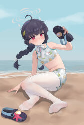 1girl absurdres beach bikini black_hair blue_archive chuck_(harfmoondark) crocs feet full_body grey_halo halo highres holding holding_unworn_clothes holding_footwear holding_sandals holding_unworn_clothes looking_at_viewer miyu_(blue_archive) miyu_(swimsuit)_(blue_archive) pantyhose ponytail print_bikini red_eyes sandals soles swimsuit toes unworn_sandals white_bikini white_halo