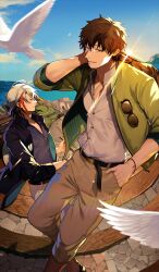2boys animal arm_behind_head belt bird black_jacket blue_sky boots bracelet brown_boots brown_eyes brown_hair brown_pants buttons closed_mouth cloud commentary_request diffraction_spikes eyewear_hang fate/grand_order fate_(series) fisheye game_cg green_jacket grey_shirt hand_in_pocket hector_(fate) hector_(the_everlasting_troy)_(fate) horizon jacket jewelry looking_at_viewer low_ponytail male_focus medium_hair missing_commentary multicolored_hair multiple_boys ocean odysseus_(fate) official_alternate_costume official_art open_clothes open_jacket ororooops outdoors pants parted_lips partially_unbuttoned pendant pocket ponytail popped_collar rakurui_no_tsubasa shirt short_ponytail sky smile standing streaked_hair sunglasses sunlight third-party_source three-quarter_sleeves unworn_eyewear unzipped white_hair white_shirt wind