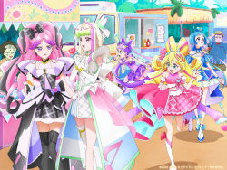 5girls ahoge aokaze_nana bare_arms bare_legs black_gloves black_hair black_socks blonde_hair blue_hair blunt_bangs boots bracelet braid brooch bubble_skirt collarbone cure_idol cure_kiss cure_kyunkyun cure_wink cure_zukyuun curled_horns curly_sidelocks dress earrings elbow_gloves festival food food_truck fortissimo frilled_dress frilled_ribbon frilled_skirt frilled_sleeves frilled_wristband frills gingham_dress gloves gradient_hair green_hair hair_bun hair_extensions hair_ornament hair_ribbon hair_wings half_gloves half_up_bun heart heart-shaped_hair heart-shaped_lock heart_brooch heart_brooch_holder heart_hair_bun highres holding holding_food holding_ice_cream holding_lightstick holding_stick horns ice_cream idol_heart_brooch jewelry ketchup kimi_to_idol_precure knee_boots kneehighs long_hair meroron_(human_form) midriff_peek movie_poster multicolored_hair multiple_earrings multiple_girls musical_note musical_note_hair_ornament mustard_bottle official_art palm_tree parted_bangs pearl_earrings pink_hair plaid_clothes plaid_sleeves precure puffy_short_sleeves puffy_sleeves purirun_(human_form) purple_hair purple_streaks ribbon sakura_uta_(precure) shigure_kokoro shirt short_dress short_sleeves single_bare_leg single_bare_shoulder single_kneehigh single_sock skirt sleeveless socks stick strapless strapless_shirt tree turning_around twin_braids twintails very_long_hair white_gloves wing_hair_ornament wrist_cuffs