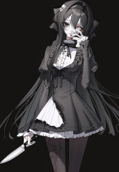 Rule 34 | 1girl, absurdres, bandage on face, bandages, black background, black bow, black bowtie, black dress, black hair, black hairband, black pantyhose, black ribbon, bow, bowtie, breasts, burn scar, cross, cross necklace, dress, hair between eyes, hair intakes, hair ribbon, hairband, highres, holding, holding knife, holding weapon, jewelry, knife, layered dress, long hair, moduku, necklace, original, pantyhose, ribbon, scar, scar on face, simple background, small breasts, solo, very long hair, weapon