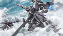 absurdres aerial_battle aeug assault_visor battle bazooka_(gundam) blue_visor byalant cloud cloudy_sky company_name copyright_notice dogfight flying green_visor gundam gundam_battle_operation_2 highres holding holding_weapon machinery mecha mecha_focus mobile_suit no_humans official_art radio_antenna realistic robot scan science_fiction sky sunrise_(company) tenjin_hidetaka thrusters titans_(gundam) traditional_media weapon zero_shiki_(gundam) zeta_gundam zeta_gundam_define