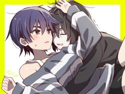 1girl anger_vein black_hair black_jacket black_shorts blue_hair blush breasts closed_eyes hands_up hetero highres hug jacket kanbaru_suruga long_sleeves looking_at_another lying manimani_(mani_ma) medium_breasts monogatari_(series) off-shoulder_sweater off_shoulder on_back open_mouth oshino_ougi pale_skin short_hair shorts smile striped_clothes striped_sweater sweatdrop sweater