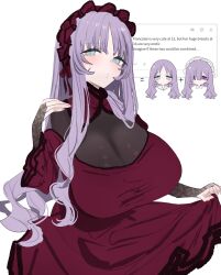 1girl blue_eyes breasts cleavage commentary dress english_text eurasia_(wtp09ptw14) flipped_sidelocks francoise_(eurasia) frilled_headwear hand_up hat headdress highres huge_breasts long_hair mob_cap multiple_views official_alternate_eye_color original purple_eyes purple_hair red_dress red_headdress request_inset simple_background symbol-only_commentary very_long_hair wavy_hair white_background