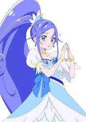 1girl blue_dress blue_eyes blue_hair bracelet brooch choker cure_diamond diamond_earrings diamond_hands dokidoki!_precure dress earrings hair_flaps hands_up heart heart_brooch high_ponytail hishikawa_rikka jewelry long_hair looking_at_viewer parted_lips ponytail precure puffy_short_sleeves puffy_sleeves shirako_love short_sleeves simple_background solo upper_body very_long_hair white_background yellow_choker