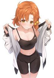 Rule 34 | 1girl, absurdres, b1ack illust, bike shorts, breasts, brown eyes, cleavage, closed mouth, commentary, crop top, highres, idolmaster, idolmaster million live!, jacket, looking at viewer, medium breasts, open clothes, open jacket, orange hair, simple background, solo, standing, white background, white jacket, yabuki kana