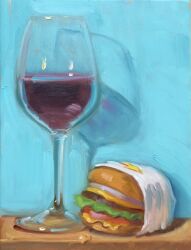 alcohol bread burger cheese cup drink drinking_glass food food_focus highres in-n-out_burger lettuce meat no_humans noah_verrier oil_painting_(medium) onion_slice original painting_(medium) still_life tomato tomato_slice traditional_media wine wine_glass