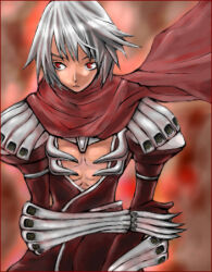1boy armor assassin_cross_(ragnarok_online) black_shirt brown_background closed_mouth commentary_request expressionless grey_hair koma_mama looking_afar looking_to_the_side lowres male_focus pauldrons ragnarok_online red_eyes red_scarf scarf shirt short_hair shoulder_armor solo upper_body vambraces