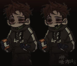 1boy :/ :d afraid_of_monsters bags_under_eyes black_gloves black_hoodie bloodshot_eyes brown_eyes brown_hair constricted_pupils cowboy_shot david_leatherhoff exhausted gloves highres holding hood hoodie ju-san messy_hair multiple_views open_mouth outstretched_hand pill pill_bottle print_hoodie short_hair smile the_addiction_(afraid_of_monsters) turtleneck