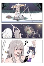 2girls aqua_hair armored_bodysuit black_hair breasts bubble chibi clothing_cutout colored_inner_hair creature doro_(nikke) fang fish_hook fishing fishing_line fishing_rod folded_hair goddess_of_victory:_nikke grey_hair hair_intakes hat highres holding holding_fishing_rod hyuiil365 jingasa korean_commentary large_breasts leg_cutout little_mermaid_(nikke) long_hair multicolored_hair multiple_girls open_mouth scarlet_(nikke) twintails unworn_hat unworn_headwear very_long_hair yellow_eyes