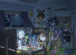 1boy 1girl aerosol air_conditioner backpack bag ball baseball baseball_(object) baseball_bat beanie bed bedroom birch_(pokemon) blush book bottle bowl brendan_(pokemon) calendar_(object) can character_doll character_print charizard chimecho clear_sky clefairy clock closed_eyes cloud commentary_request controller creatures_(company) crescent curtains drooling duskull eating fishing_rod food game_freak gen_1_pokemon gen_2_pokemon gen_3_pokemon gengar gulpin happy hariyama hat haunter holding holding_food holding_pizza indoors machamp mareep may_(pokemon) mechanical_pencil moon mudkip night nightcap nintendo open_mouth open_window orange_shirt p_0_a pajamas paper pencil pet_bowl photo_(object) pizza pizza_slice plate poke_ball_symbol pokemon pokemon_(creature) pokemon_rse pokenav poochyena poster_(object) potion_(pokemon) ralts remote_control saliva scissors shirt short_shorts short_sleeves shorts sitting skitty sky sleeping sleepwear smile soccer_ball soda_bottle spray_can stuffed_toy substitute_(pokemon) sweat table television themed_object tissue tissue_box torchic trapinch trash_can treecko wailmer wall_clock window