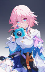 1girl absurdres archery_shooting_glove black_gloves black_overskirt blue_eyes blue_jacket bra_strap breasts buttons camera closed_mouth commentary_request crossed_bangs gloves gradient_background hair_between_eyes highres holding holding_camera honkai:_star_rail honkai_(series) jacket long_sleeves looking_at_viewer march_7th_(honkai:_star_rail) march_7th_(preservation)_(honkai:_star_rail) medium_breasts medium_hair multicolored_eyes partially_fingerless_gloves pink_eyes pink_hair shali shirt simple_background sitting smile solo tied_jacket two-tone_eyes white_shirt