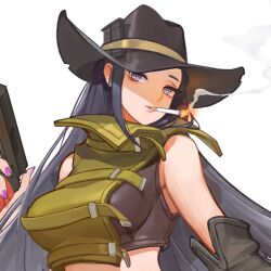 1girl arm_warmers bare_shoulders blue_eyes breasts cigarette cowboy_hat crop_top eyelashes female_focus forehead game_cg gun handgun hat head_tilt high_collar holding holding_gun holding_pistol holding_weapon large_breasts last_origin long_hair nail_polish official_art parted_lips pistol purple_hair purple_nails rorobomb sleeveless smoke smoking transparent_background upper_body war_wolf_(last_origin) weapon