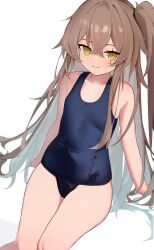 1girl absurdres alternate_costume arm_support blue_one-piece_swimsuit blush brown_hair commentary_request crossed_bangs double-parted_bangs feet_out_of_frame flat_chest girls&#039;_frontline hair_between_eyes highres kotoha_(kotoha65) long_hair looking_at_viewer old_school_swimsuit one-piece_swimsuit one_side_up scar scar_across_eye scar_on_face school_swimsuit sidelocks simple_background sitting smile solo swimsuit thighs ump45_(girls&#039;_frontline) very_long_hair white_background yellow_eyes