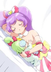 2girls arms_behind_head baby bad_id blush bow breastfeeding breasts breasts_out closed_eyes detached_sleeves dot_nose dress dress_bow grabbing_another&#039;s_breast green_hair groping hair_bow indoors jewlulu long_hair lying manaka_laala multicolored_dress multiple_girls on_bed on_side onesie parted_lips pink_bow pink_dress pretty_series pripara puffy_short_sleeves puffy_sleeves purple_hair see-through_clothes see-through_sleeves short_hair short_sleeves small_breasts striped_clothes striped_dress twintails vertical-striped_clothes vertical-striped_dress white_dress yakizakana_(yakizakana10967) yellow_dress