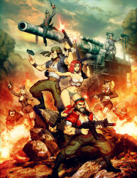 3girls 5boys aiming angry assault_rifle bandana battle beard bikini blonde_hair boots breasts camouflage cannon character_request clenched_teeth cloud combat_helmet cover explosive facial_hair fire firing genzoman germany glasses grenade grin gun handgun hat helmet highres jolly_roger knife kraut_buster long_hair manly medium_breasts mercenary military military_uniform multiple_boys multiple_girls mustache necktie neo_geo official_art outdoors pickelhaube promotional_art red_hair rifle rock short_hair shouting smile soldier submachine_gun sunglasses swimsuit tank_top teeth torn_clothes vest video_game_cover weapon