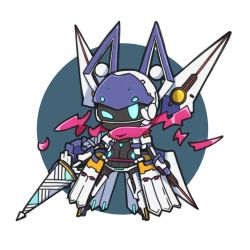 Rule 34 | 1girl, armor, armored dress, armored skirt, artoria pendragon (fate), bodysuit, chibi, dress, fate/grand order, fate (series), female focus, full body, helm, helmet, highres, lance, mysterious heroine x (fate), mysterious heroine xx (fate), mysterious heroine xx (first ascension) (fate), nuu (nu-nyu), polearm, scarf, solo, standing, weapon, white background