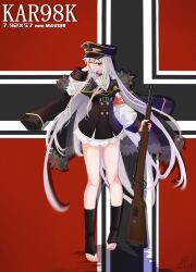 1girl absurdres aiguillette bai_zhi balkenkreuz barefoot belt belt_buckle black_choker bolt_action buckle choker coat cross cross_choker detached_sleeves english_text flag_background fur-trimmed_coat fur_trim german_clothes girls&#039;_frontline gun hair_between_eyes hat highres holding holding_gun holding_weapon iron_cross jacket jacket_on_shoulders kar98k_(girls&#039;_frontline) long_hair looking_at_viewer mauser_98 military military_hat one_eye_closed peaked_cap red_eyes rifle shirt signature solo toes very_long_hair weapon white_hair white_shirt wide_sleeves