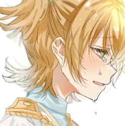 1girl bad_id bad_twitter_id blonde_hair blush crying crying_with_eyes_open daiba_nana epaulettes from_side green_eyes hair_between_eyes highres open_mouth profile rococomm123 short_hair shoujo_kageki_revue_starlight simple_background solo tears twintails upper_body white_background