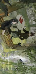 1boy 1girl aiguillette antlers bamboo bamboo_shoot bird black_hair black_pants black_shirt chair cup day english_text gazebo glasses gloves half_gloves highres holding holding_cup horns leaf long_hair nature original outdoors outstretched_hand pants railing rock saucer scenery shirt short_hair sideways sitting table tangduolynn teacup teapot tree water waterfall