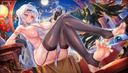 1girl absurdres barefoot blush breasts crossed_legs feet garter_straps highres jagoo large_breasts long_hair looking_at_viewer parted_lips soles stirrup_legwear sweat thighhighs toeless_legwear toes white_hair yellow_eyes yixuan_(zenless_zone_zero) zenless_zone_zero