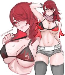 1girl bikini blush breasts cleavage closed_mouth cosplay grey_shorts grey_thighhighs hair_over_one_eye kirijou_mitsuru large_breasts long_hair looking_at_viewer navel nero_watch persona persona_3 red_eyes red_hair short_shorts shorts smile solo stomach swimsuit tengen_toppa_gurren_lagann thighhighs yoko_littner yoko_littner_(cosplay)