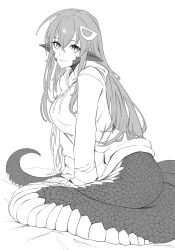 1girl absurdres bad_anatomy breasts drawfag fang greyscale hair_between_eyes hair_ornament highres lamia long_hair long_sleeves looking_at_viewer medium_breasts miia_(monster_musume) monochrome monster_girl monster_musume_no_iru_nichijou on_bed pointy_ears scales simple_background sitting sketch skin_fang sleeves_past_wrists slit_pupils smile solo very_long_hair