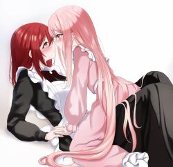 2girls age_difference bagel_sandica black_dress blush dress eye_contact holding_hands interlocked_fingers long_hair looking_at_another master_and_servant multiple_girls onee-loli original pink_dress pink_eyes pink_hair red_hair very_long_hair yellow_eyes yuri