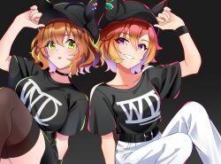 2girls absurdres alternate_costume animal_ears aston_machan_(umamusume) baseball_cap black_background black_choker black_hat black_shirt black_thighhighs blush boc&#039;z_(umamusume) breasts brown_hair choker ears_through_headwear green_eyes hair_between_eyes hat highres horse_ears horse_girl large_breasts looking_at_viewer mochiyukimi21 multiple_girls orange_hair pants purple_eyes shirt short_hair short_sleeves simple_background t.m._opera_o_(umamusume) thighhighs umamusume white_pants
