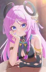 1girl :o bare_shoulders black_gloves blue_eyes blush breasts citlali_(genshin_impact) cleavage commentary_request facial_mark fingerless_gloves fingernails floating_headgear forehead_mark genshin_impact gloves hand_up head_rest headgear highres hyakuya_iori long_hair looking_at_viewer medium_breasts nail_polish pink_hair pink_pupils purple_nails signature single_glove sleeveless_turtleneck_leotard solo triangle triangle_facial_mark twitter_username very_long_hair