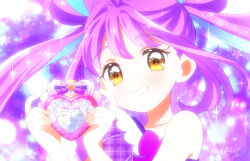 1girl blue_hair cure_kyunkyun double_bun grin hair_bun henshin holding idol_heart_brooch kimi_to_idol_precure kyanos_(b_0000ff) looking_at_viewer magical_girl multicolored_hair precure purple_background purple_hair shigure_kokoro smile solo sparkle_background streaked_hair twintails two-tone_hair upper_body yellow_eyes
