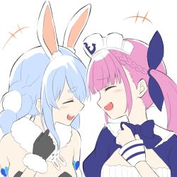 +++ 2girls :d ^_^ ahoge anchor animal_ear_fluff animal_ears black_gloves black_leotard blue_dress blue_hair blue_ribbon blush braid closed_eyes detached_sleeves don-chan_(usada_pekora) dress facing_another fur-trimmed_gloves fur_trim gloves hair_ribbon highres hololive kiritoma leotard long_hair maid_headdress minato_aqua minato_aqua_(1st_costume) multicolored_hair multiple_girls open_mouth pink_hair profile puffy_short_sleeves puffy_sleeves rabbit_ears ribbon short_eyebrows short_sleeves simple_background smile strapless strapless_leotard streaked_hair thick_eyebrows twin_braids twintails two-tone_hair upper_body usada_pekora usada_pekora_(1st_costume) virtual_youtuber white_background white_hair white_sleeves wrist_cuffs