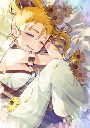 1girl bare_shoulders blonde_hair blue_eyes breasts chrono_trigger feet_out_of_frame flower highres jewelry kuzuno_ha long_hair looking_at_viewer marle_(chrono_trigger) open_mouth ponytail smile solo sunflower